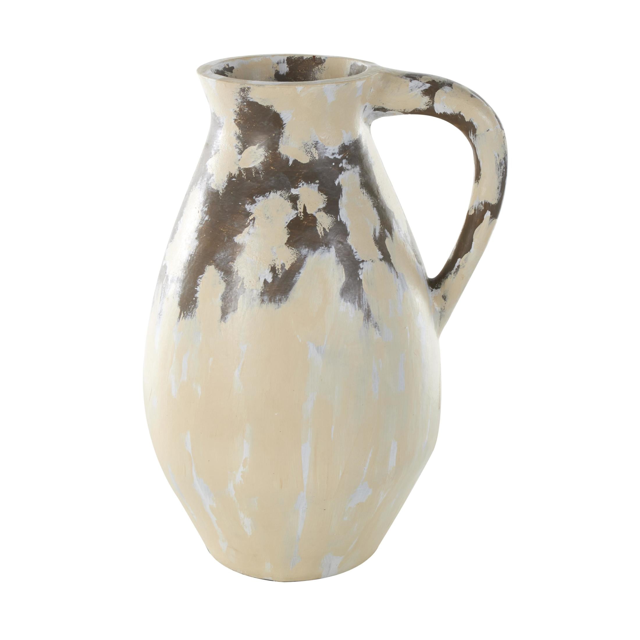 DecMode 19" Antique Style Pot Cream Ceramic Vase with Curved Handle