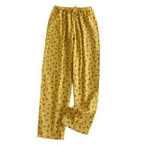 Defitshape Women's Drawstring Cotton Pajama Pants Full Cotton Pj Bottoms Loose Printed Peasant Home All Seasons Lounge Pants Yellow Large