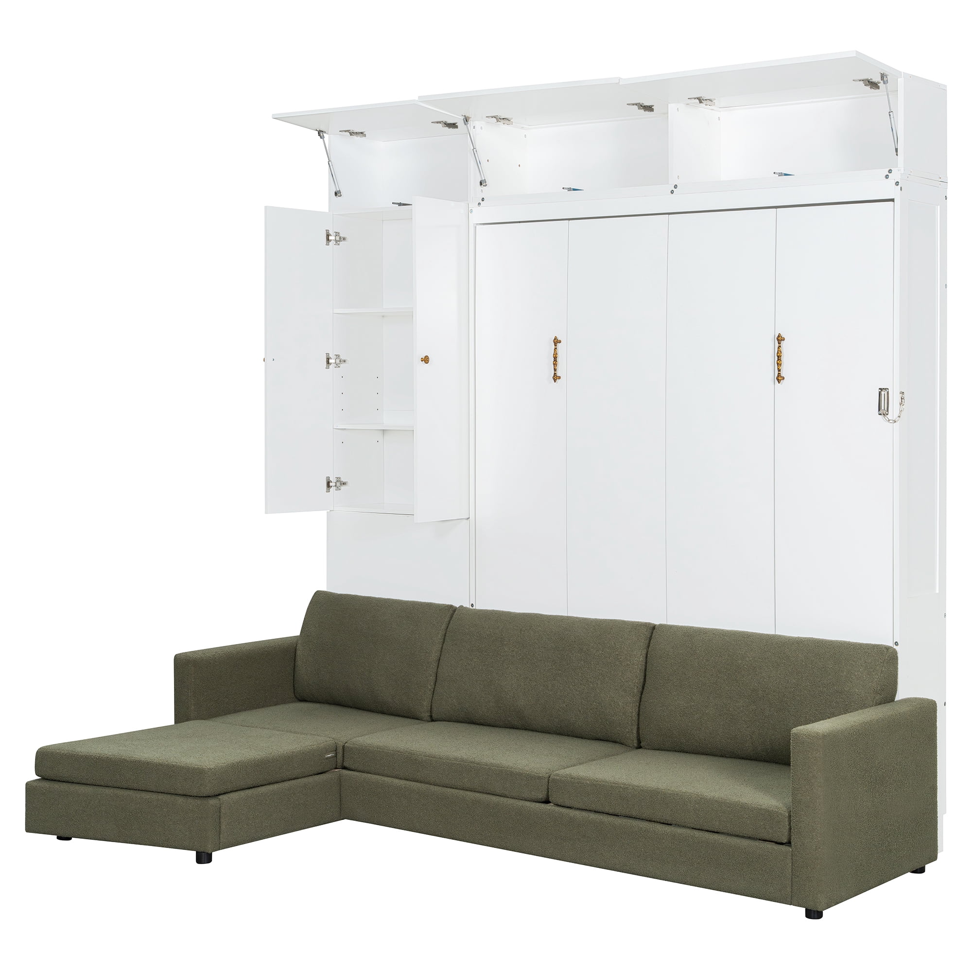 Mintazer Queen Murphy Bed with L-Shaped Sofa & Storage Cabinets, Modern Foldable Wall Bed for Bedroom Apartment Guest Room, White & Green