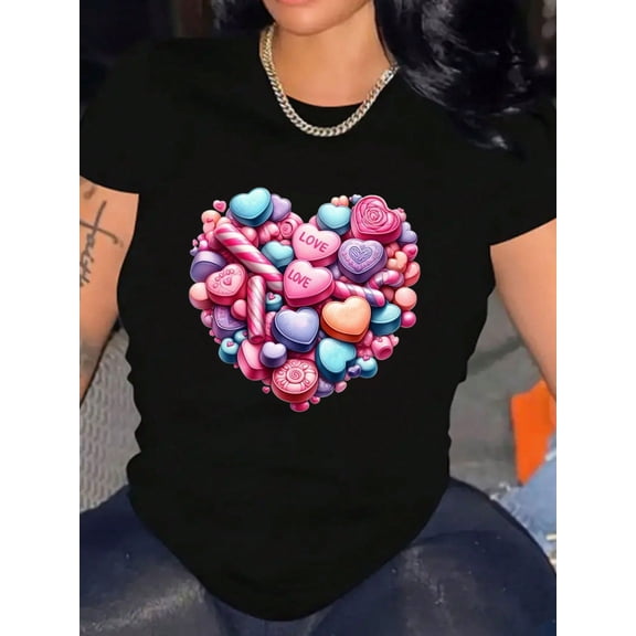Sweet Candy Heart Graphic Valentine's Day Women Casual Short Sleeve Tee