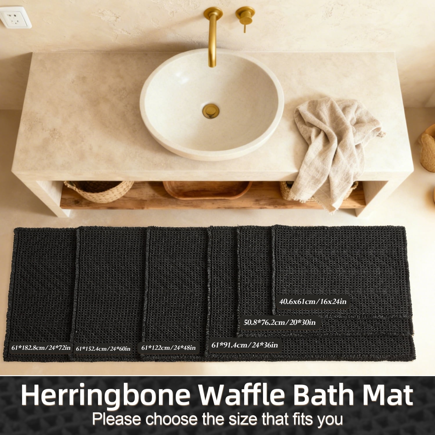 BULULOM Black Bathroom Rug, Waffle Bath Mat Non Slip Washable Super Absorbent Quick Dry, Boho Farmhouse Bathroom Decor, 20"*30" Black