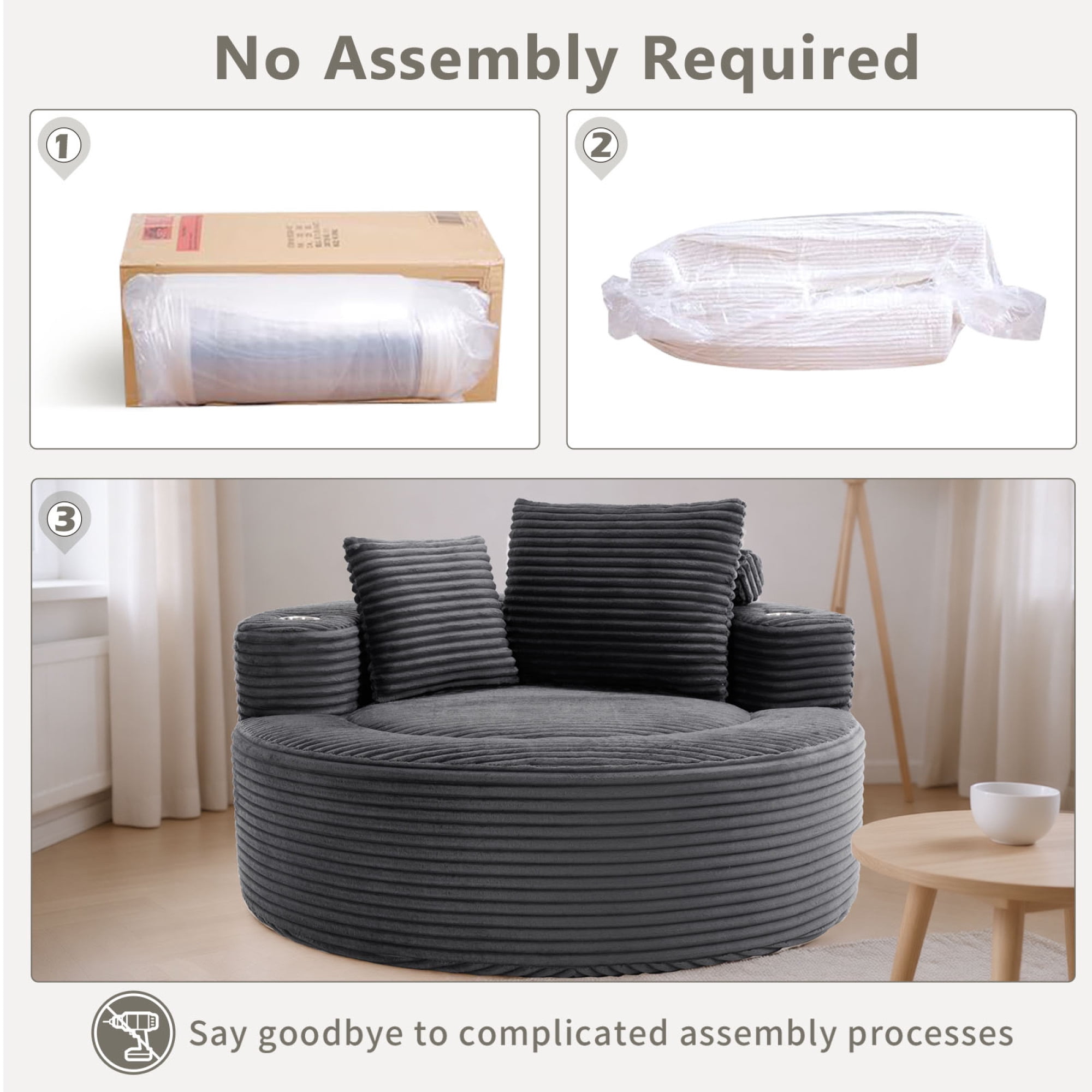 Leumius Oversized Round Chaise Lounge Sofa,Upholstered Lounge Chair with 2 Pillows and Cupholders,Boneless Sofa Couch with Memory Foam,Deep Seat Sleeper Chair for Living Room,No Assembly,Dark Gray