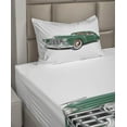 thumbnail image 2 of Ambesonne Retro Fitted & Top Sheet Set with Sham, Nostalgic Vintage Car Print, Forest Green and White, 2 of 4