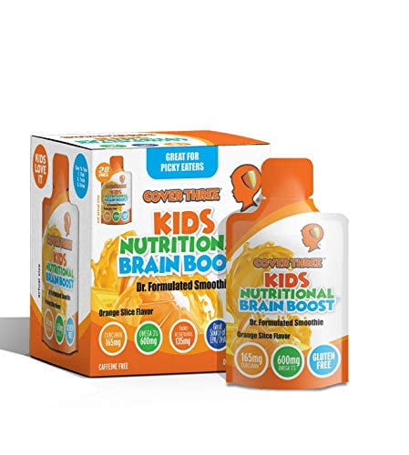 Kids Nutritional Brain Supplement - Boost Child Memory, Focus, Calmness - Support Brain, Immune, Vision, Heart Health - Omega Fish Oil DHA, Vitamin C, Turmeric, Resveratrol - Liquid Squeeze Pouch