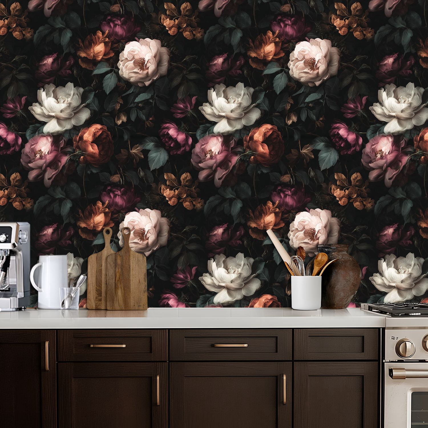 Peel and Stick Wallpaper Vintage Floral Soft Roses Dark Leaves Wall Mural 17.7in x 9.8ft Self Adhesive Removable Wall Paper Renter Friendly Wallpaper for Nursery Kitchen Bedroom Cabinets