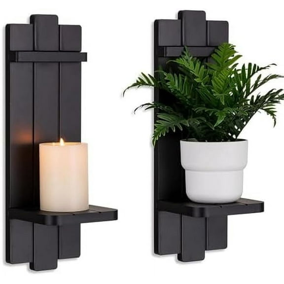 Candle Sconces Black Wall Decor Set of 2 - Wood Wall Candle Holders Set of Two for Small Plants Pillar Candles Tealight - Gothic Distressed Decor for Living Room