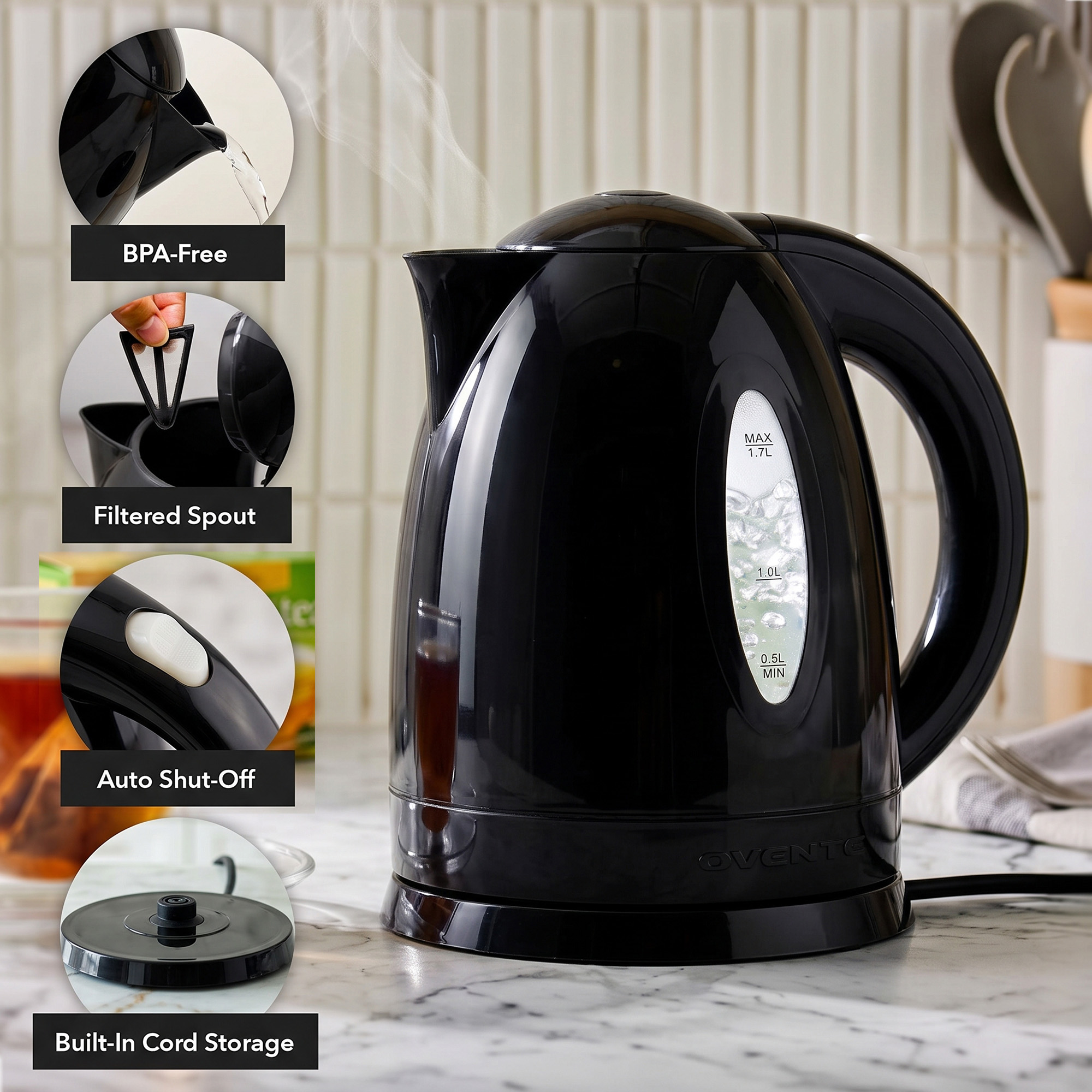 Ovente 1.7L Electric Kettle, 1100W Fast Boiling, Black photo 2