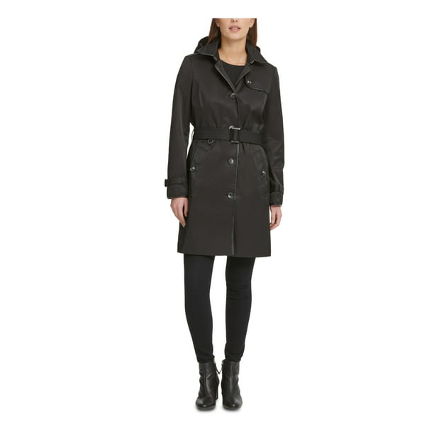 Dkny Womens Black Belted Pocketed Water, Dkny Belted Faux Leather Trim Hooded Trench Coat