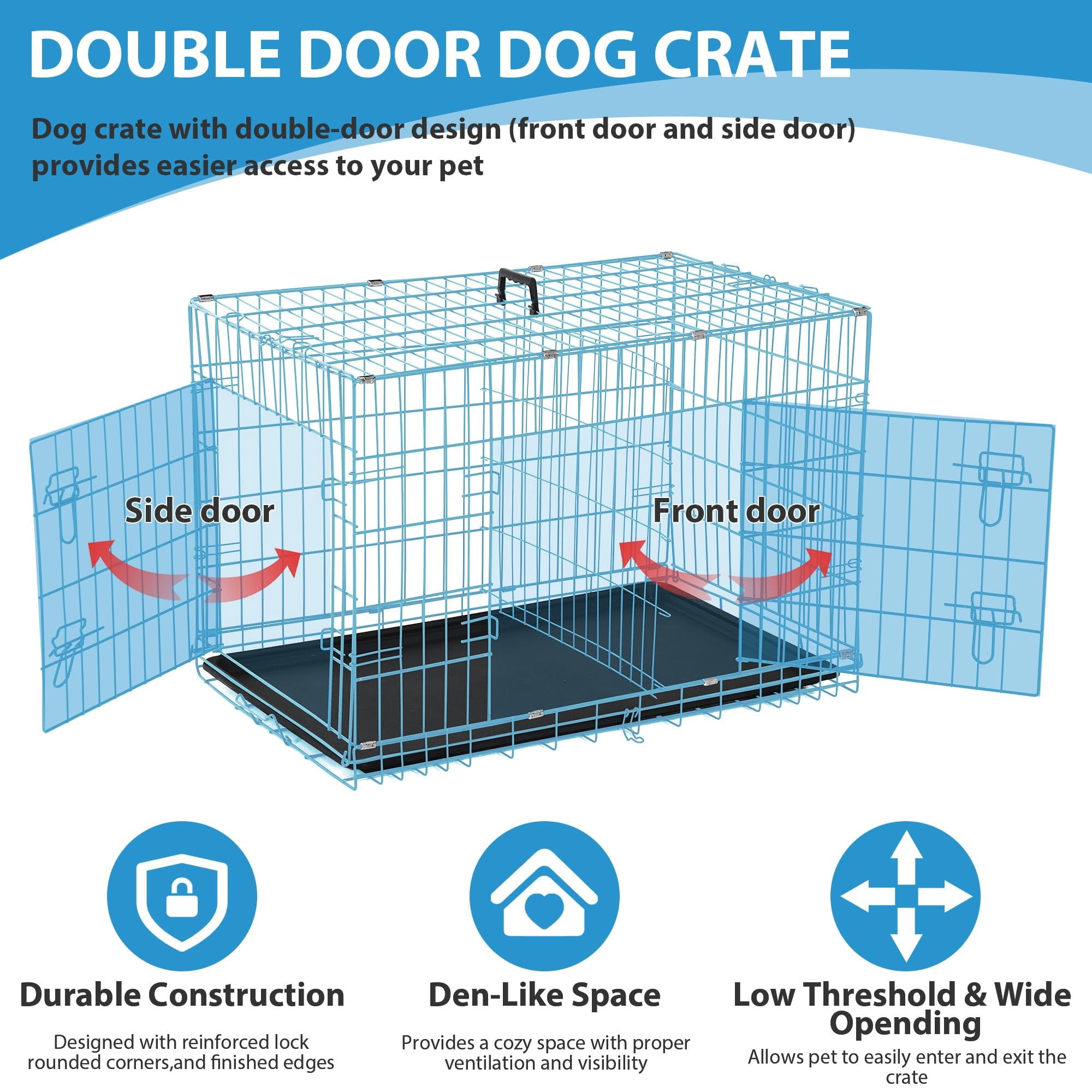 CL.HPAHKL 24 Inch Small Dog Cages for Inside, Portable Foldable Metal Crates for Dogs with Double Door & Removable Tray Small Wire Dog Kennel with Divider for Small Puppy, Cat Indoor Outdoor, Blue