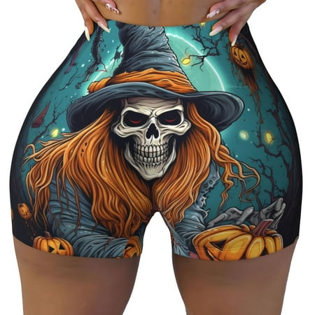Workout Shorts Women  Cartoon Pumpkin Skull Biker Shorts for Women Running Gym Spandex Shorts Tummy Control