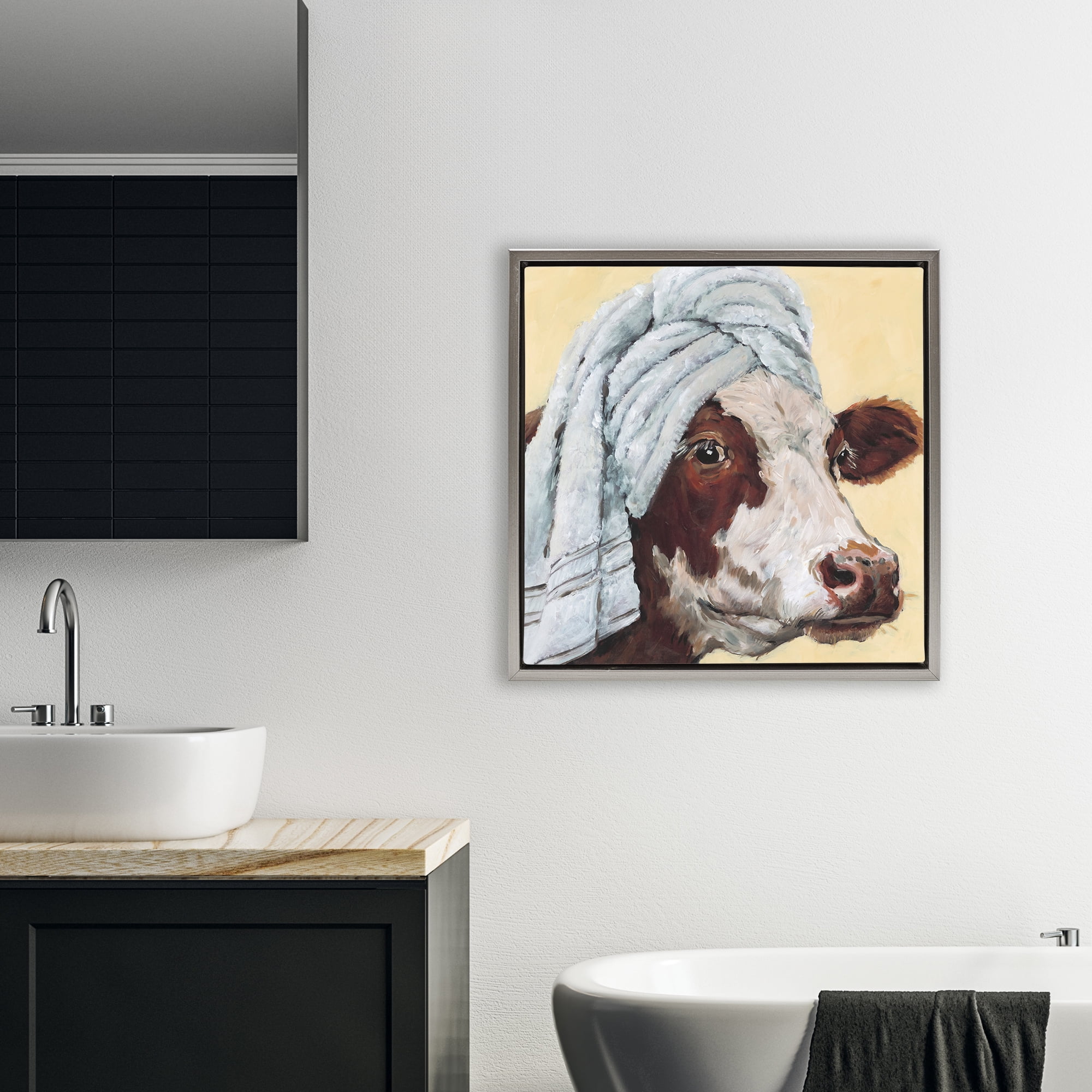 Stupell Industries Cow Spa with Towel Gray Framed Floater Canvas Wall Art, design by Studio Bautista