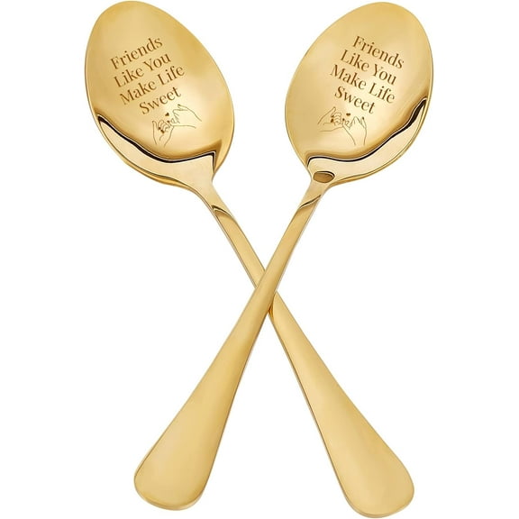 2Pcs Friends Like you Make Life Sweet Spoon with Gift Box Golden Engraved Stainless Steel Table Spoons for Friends Families Festival Christmas Birthday Wedding 7.2'' DIY