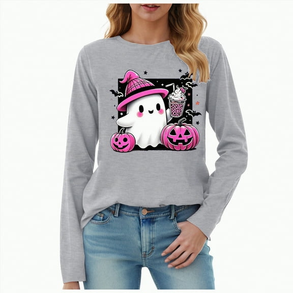 Godom Halloween Shirts for Women Long Sleeve Crewneck Casual Dressy Tops Funny Graphic Fall Fashion Outfits