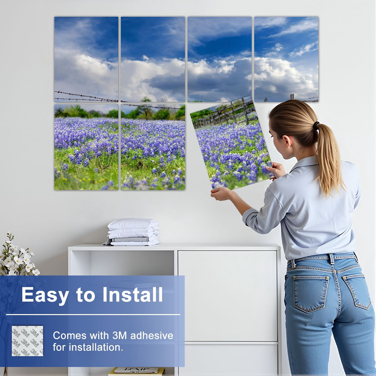 8 Pack Art Acoustic Panels Sound Absorbing clouds Texas bluebonnets Decorative Soundproof Wall Panels Self Adhesive for Nursery Game Room Bedroom 48"x32"