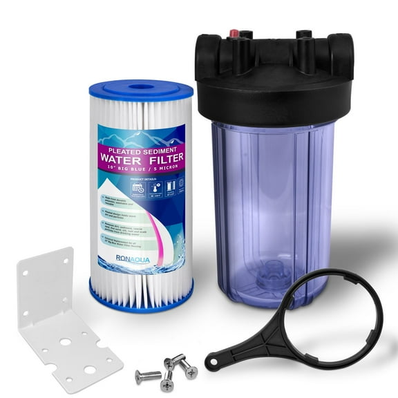 10 Inches Transparent Big Blue Housing with Presser Relief Button, 1” Inlet/Outlet Brass Port & 5 Micron Pleated Washable Sediment Filter Cartridge