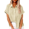 thumbnail image 2 of YDDIAN Office Tops for Women Work Loose Fit Short Sleeve Cute Collared Shirts Button Up V Neck Spring Casual Clothes Beige 3XL, 2 of 5