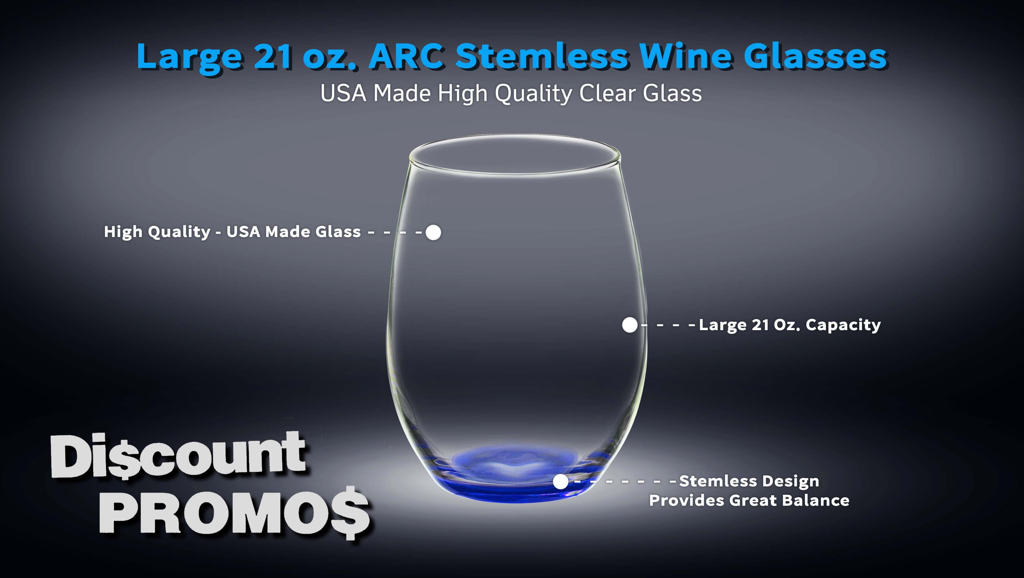 10 ARC Stemless Wine Glasses Set, 21 oz. - Chardonnay, Cabernet, Merlot, Sauvignon - Blue