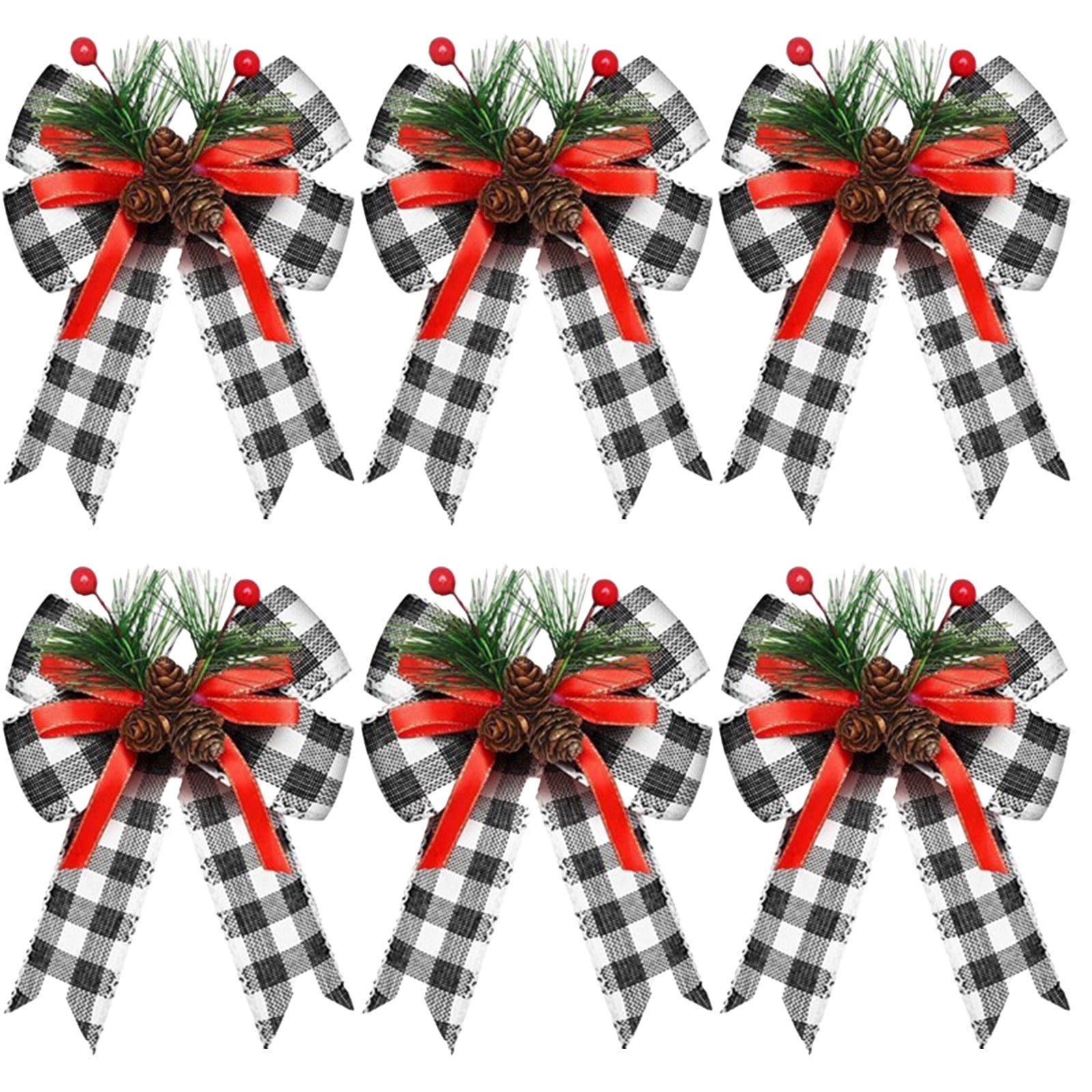 Cadorn 6 PCS Christmas Tree Bow Decorations, Velvet Edged Ribbon Bows Handmade Flocked Fabric Christmas Ornaments for Xmas Tree Holiday Party Supplies