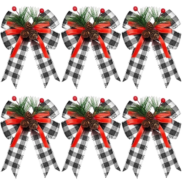 SLYNSHome 6 Pcs Décorations de Nœud de Noël, Nœuds de Noël à Carreaux Buffalo Rouges, Ornements de Nœud de Noël pour Couronnes de Vacances, Décoration de Fête
