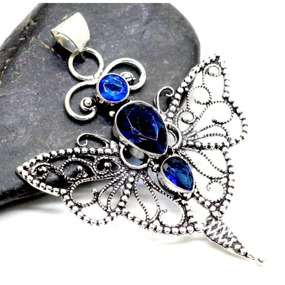 Blue Tanzanite Gemstone 925 Sterling Silver Handmade Jewelry Pendant Size-2.70"