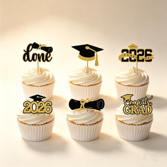 12 Pcs Graduation Party Cupcake Toppers,Black Gold Glitter Congrats Grad Cake Picks with Grad Cap & Diploma,Dessert Decor for Graduation Celebration Party