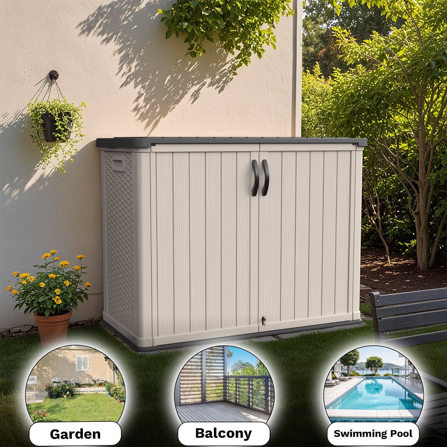 Patiowell 26 Cu.FT Outdoor Storage Shed with Floor, Lockable & Waterproof Horizontal Resin Cabinet for Patio Tools, Beige
