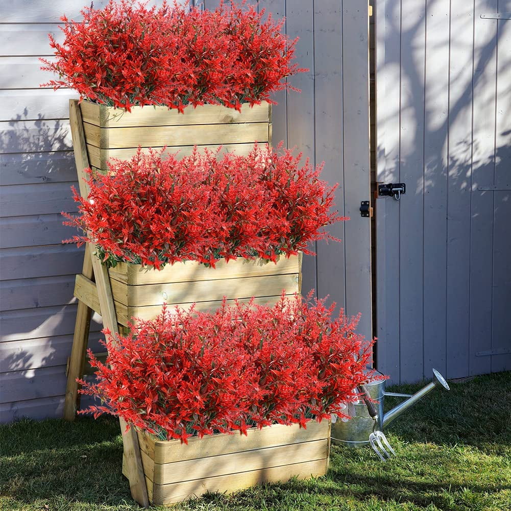 8 Bundles Outdoor Artificial Lavender Fake Flowers UV Resistant Shrubs, Faux Plastic Greenery for Indoor Outside Hanging Plants Garden Porch Window Box Home Wedding Farmhouse Decor (Fuchsia)