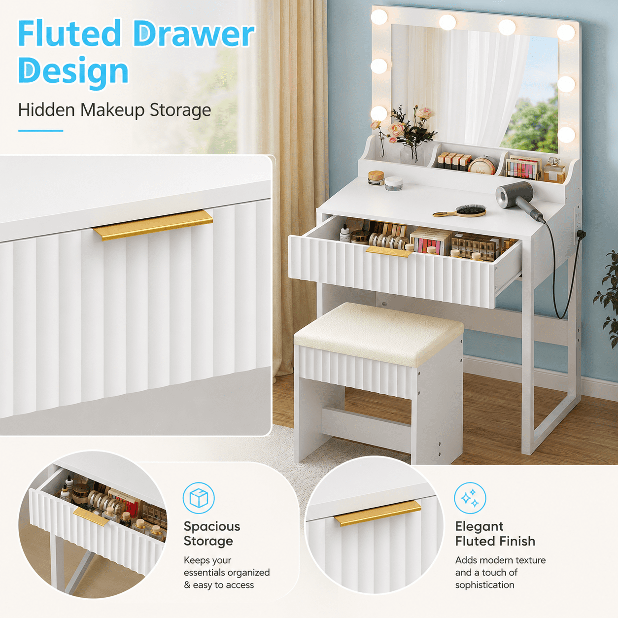 Ktaxon Flutted Makeup Vanity Table w/Stool, Dressing Desk with Charging Station, For Femal Gift, White