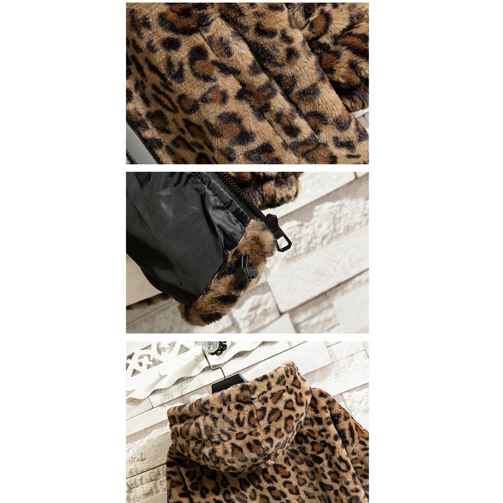 Fengqque Men's Faux Fur Leopard Hooded Jacket Shaggy Coat Zip Up