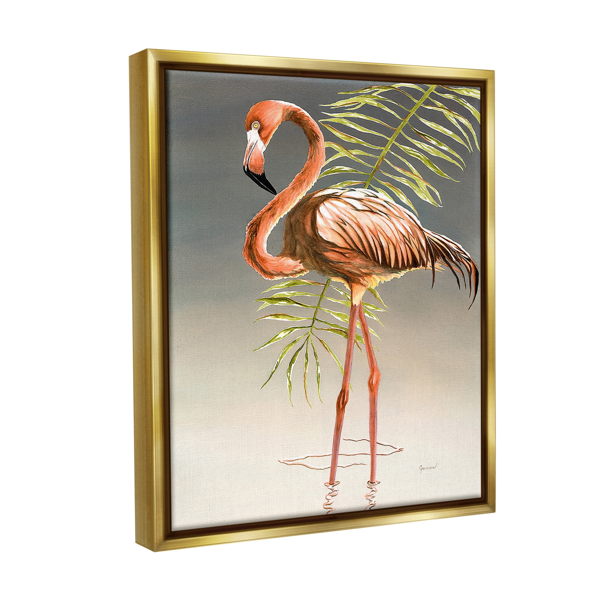 Stupell Industries Flamingo with Water Ripple Animals & Insects Painting Gold Floater Framed Canvas Art Print Wall Art, 17 x 21