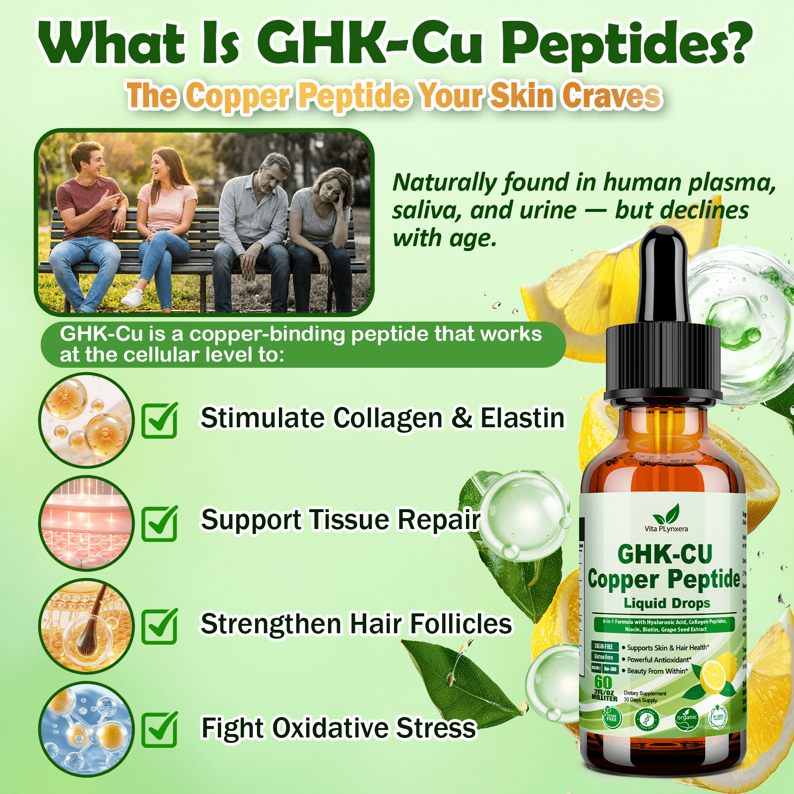 Vita PLynxera GHK-CU Peptide Supplement Liquid Drops, Premium 6-in-1 GHK CU Copper Peptides w. Marine Collagen Hyaluronic Acid Biotin for Anti-Aging, Skin Hair Growth Support, Oral Drops丨Women Men