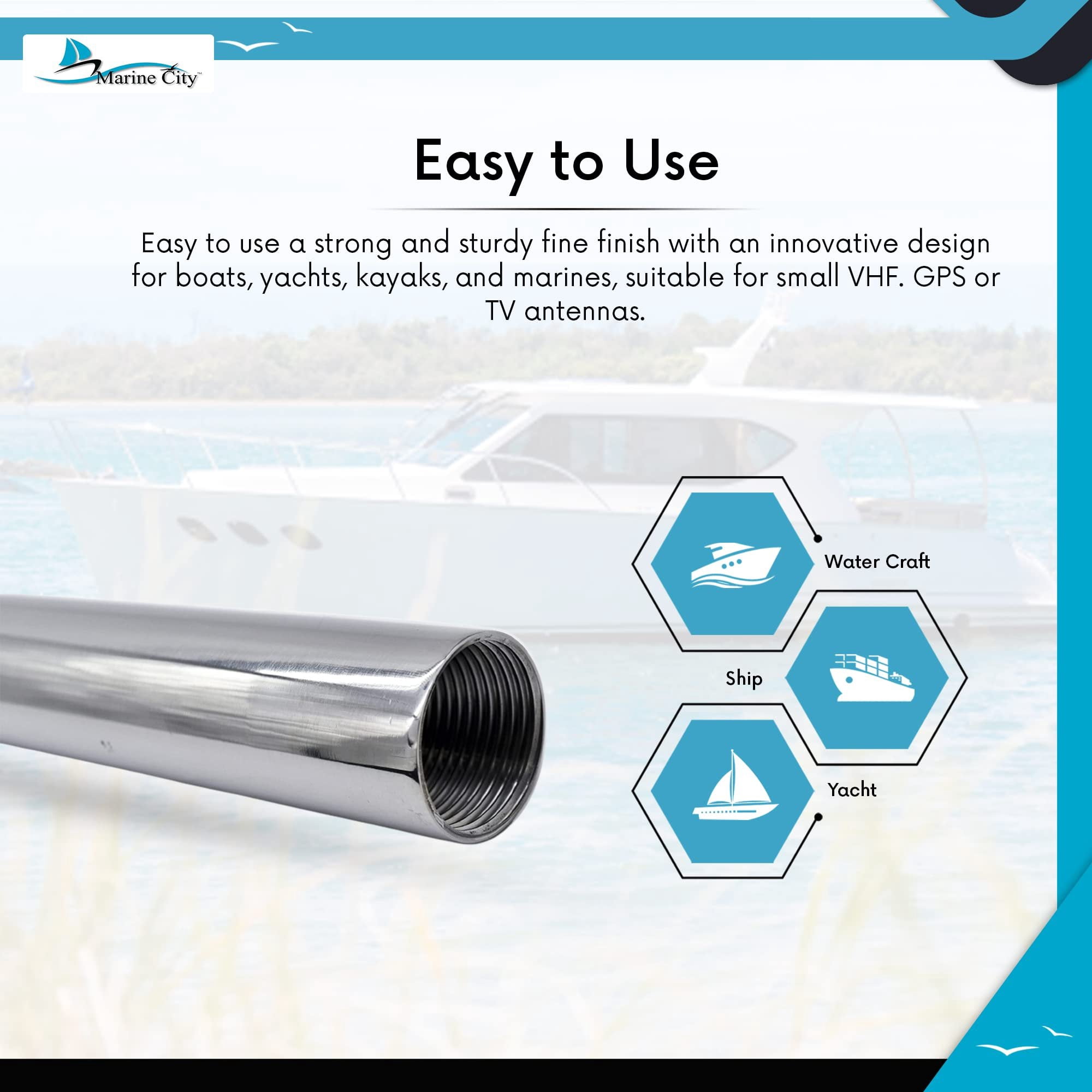 MARINE CITY 24 Inches Antenna Base Mount Extension Mast, Heavy-Duty 304 Stainless Steel, Corrosion-Resistant, 1 Inch-14 Threads, Perfect for Boats, Yachts, and Kayaks