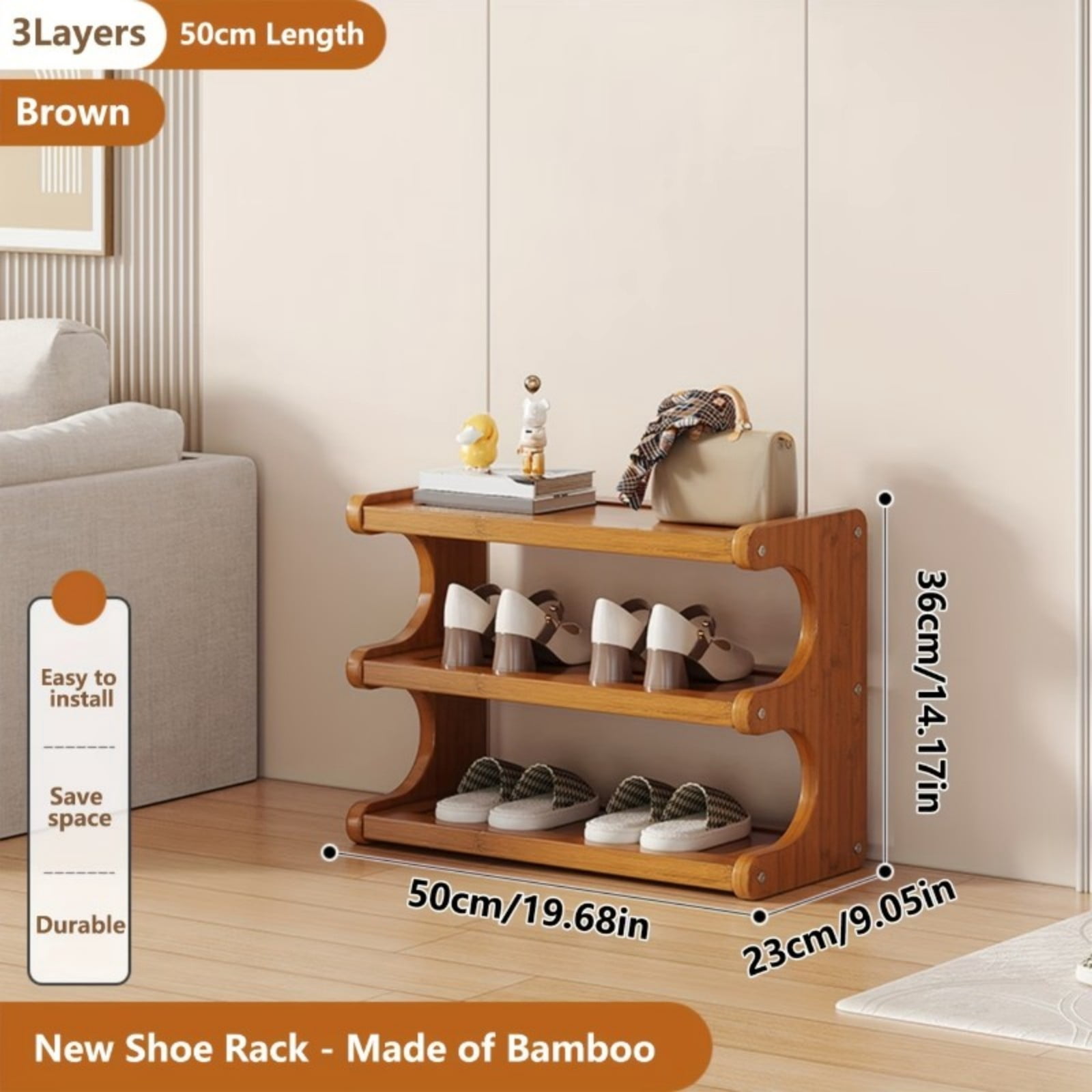 3 Tiers Bamboo Shoe Rack Organizer, Free Standing Vertical Shoe Storage Shelf with Adjustable Shelves for Entryway Closet Hallway, Brown