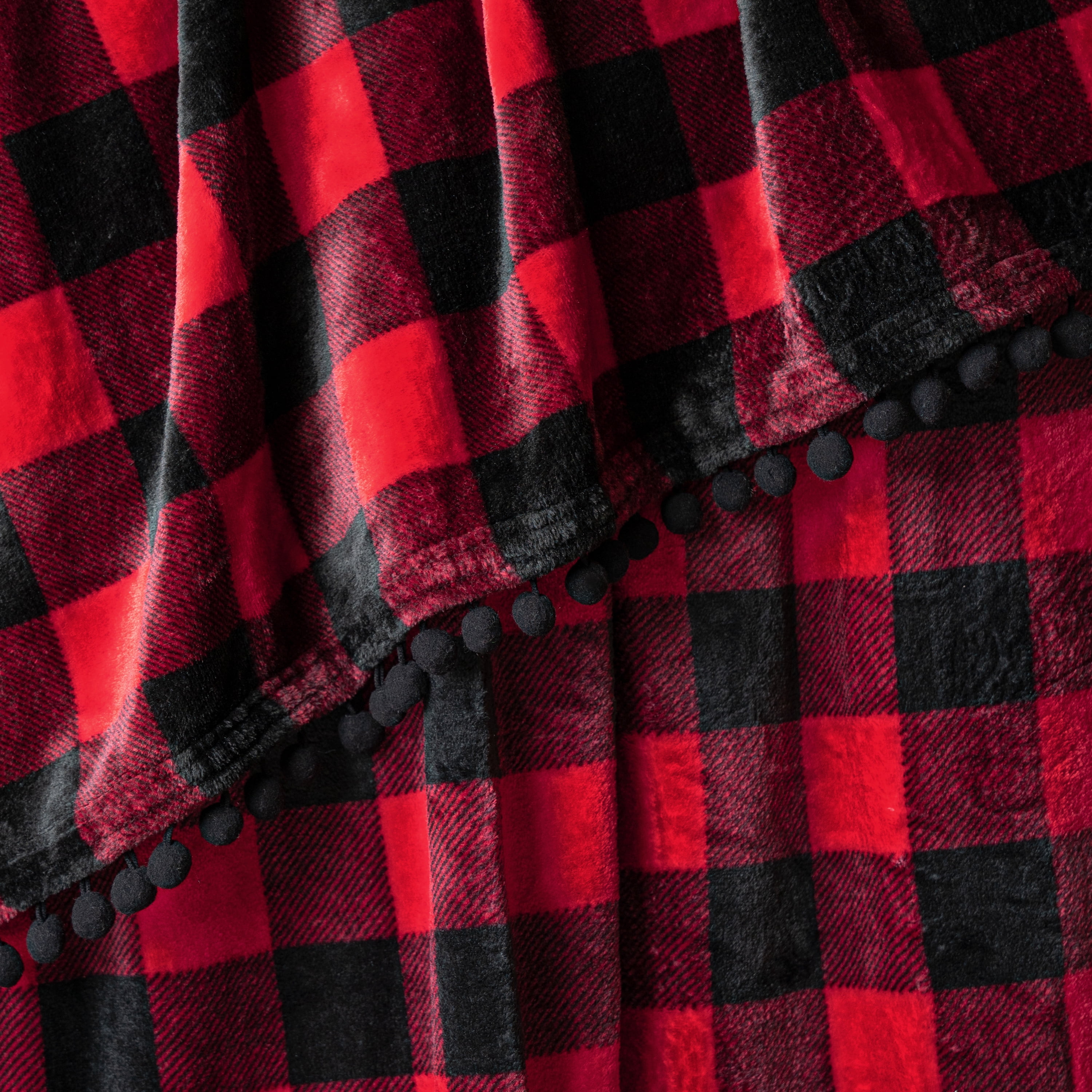 PAVILIA Black Red Fleece Throw Blanket for Couch with Pom Pom Fringe, Buffalo Checkered Plaid, Soft Cozy Fuzzy Flannel Blanket for Sofa Bed, Large Lightweight Plush All Season Throw, 60x80 Inches