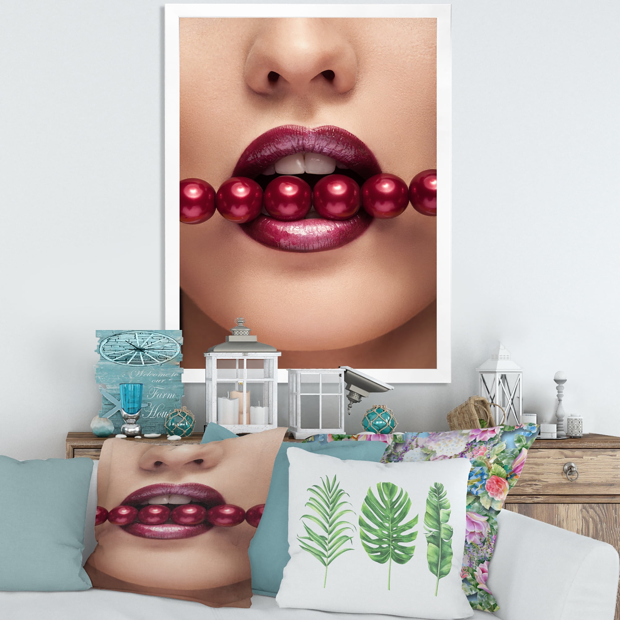 Designart 'Girl With Red Pearls In Mouth In A Sensual Pose' Modern Framed Art Print