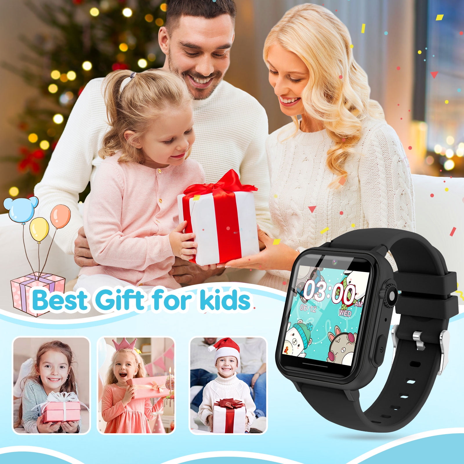 Eurhowing Kids Smart Watch Age 3-12, 31 Games, Learning Cards, HD Touch Screen, Camera, Music, Audiobook, Pedometer, Fun & Educational Birthday Gift Idea, Black