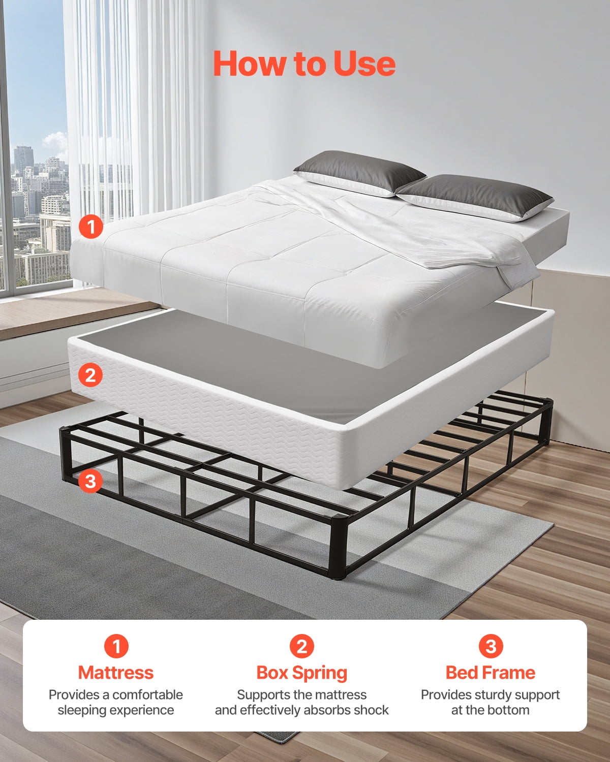 VEVOR Box Spring, Queen Size Bed Frame with Washable Fabric Cloth, Heavy Duty Metal Frame for Queen Bed, 9 in Mattress Foundation, 3500 lbs Max Weight Capacity, Easy Assembly