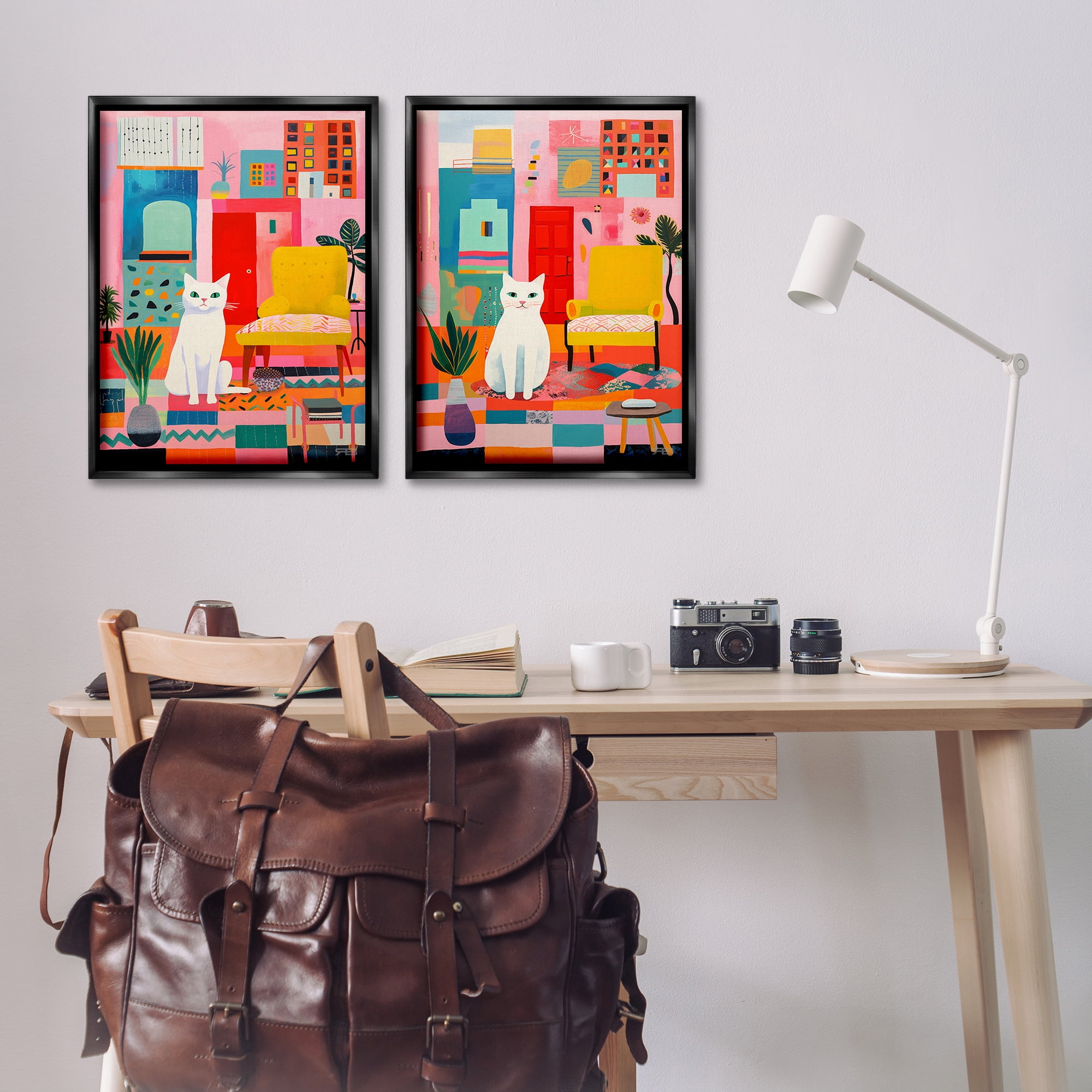 Stupell Industries Bright Room Sitting Cat Furniture Painting Black Floater Framed Canvas Art Print Wall Art, 21 x 31, Set of 2