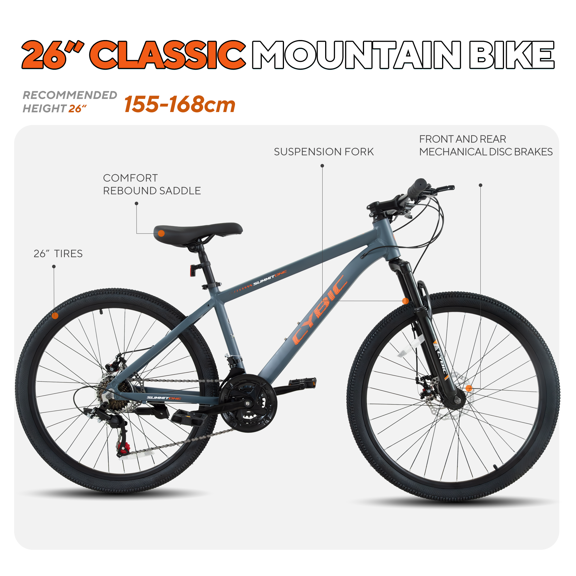 Cybic Mountain Bike 26 inch, 21-Speed Adult MTB with Aluminum Frame, Front Suspension and Disc Brakes bicycle, for Men & Women