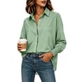 thumbnail image 3 of Women's Long Sleeve Button Down Shirts, Women's Striped Dressy Shirt with Ruffled Cuffs, Women's Green,Size S-3XL, 3 of 5