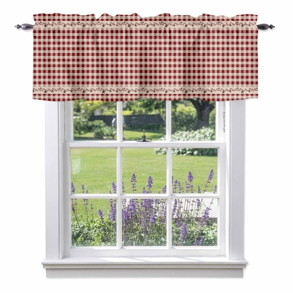 Country Star Plaid Kitchen Curtain Valances for Windows Farmhouse Short Curtains, Retro Red American Farm Barn Berry Rod Pocket Valance Curtain for Bedroom Cafe Living Room 60"x18"