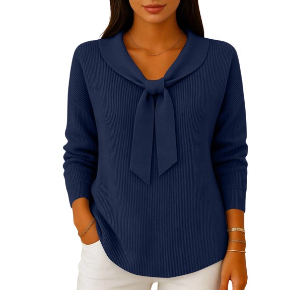 WULMLEO Women's Solid Color Ribbed Knit Sweaters Bow Tie Neck Long Sleeves Cozy Fashionable Fall/Winter Top Dark Blue S
