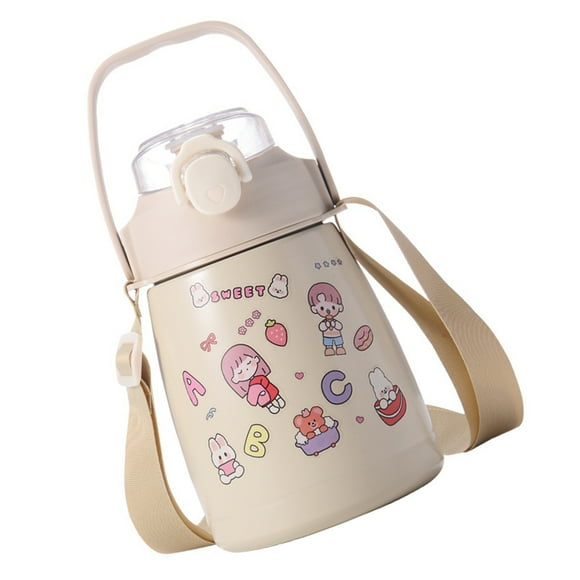 Greeniant Botella de agua con correa y pajita, gran capacidad, 1 l, asas de transporte, taza a prueba de fugas, vasos de acero para niños, escuela Kits de desorden para acampar Beige Greeniant OD014862-01