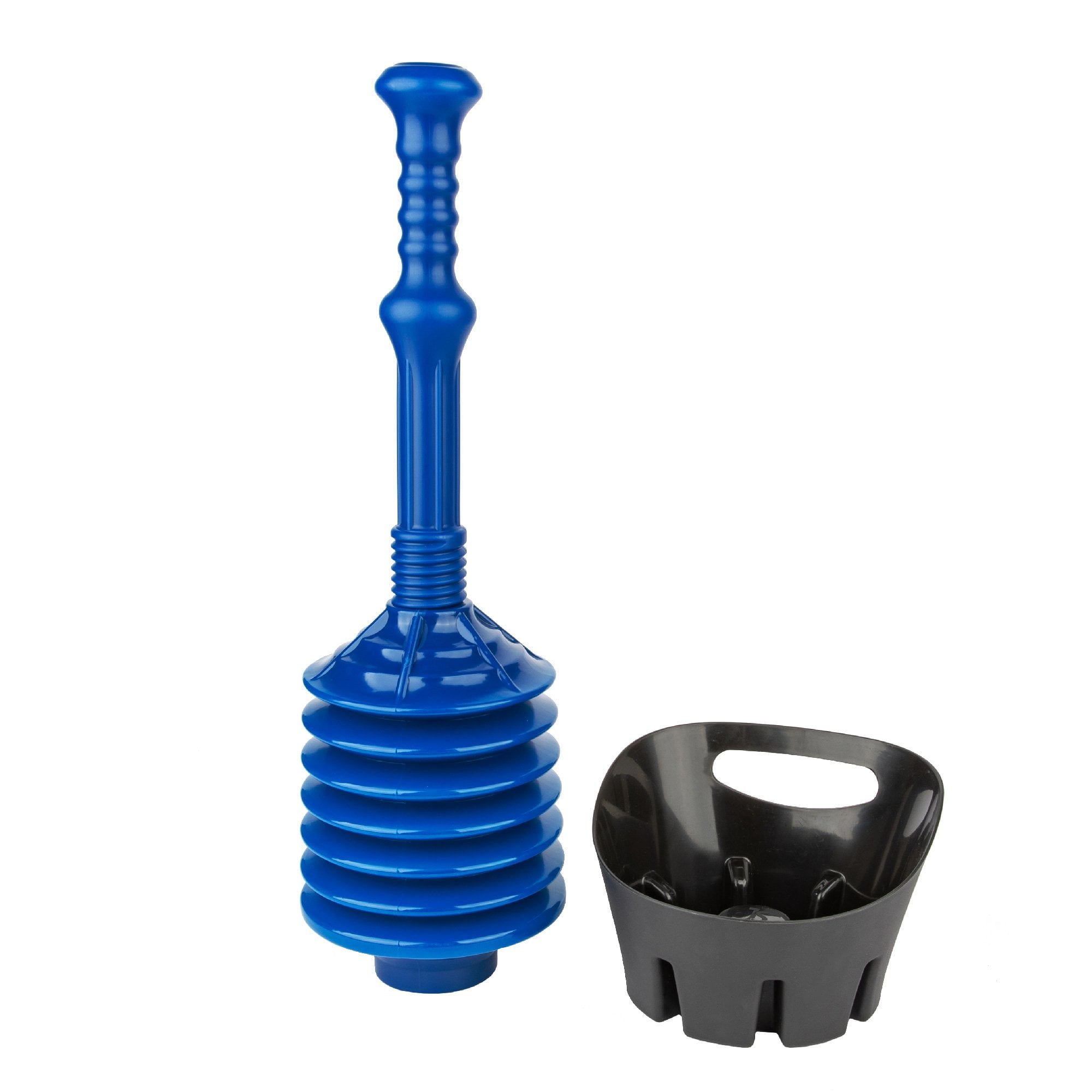 Antimicrobial Blue Bellows Accordion Toilet Plunger with Black Storage