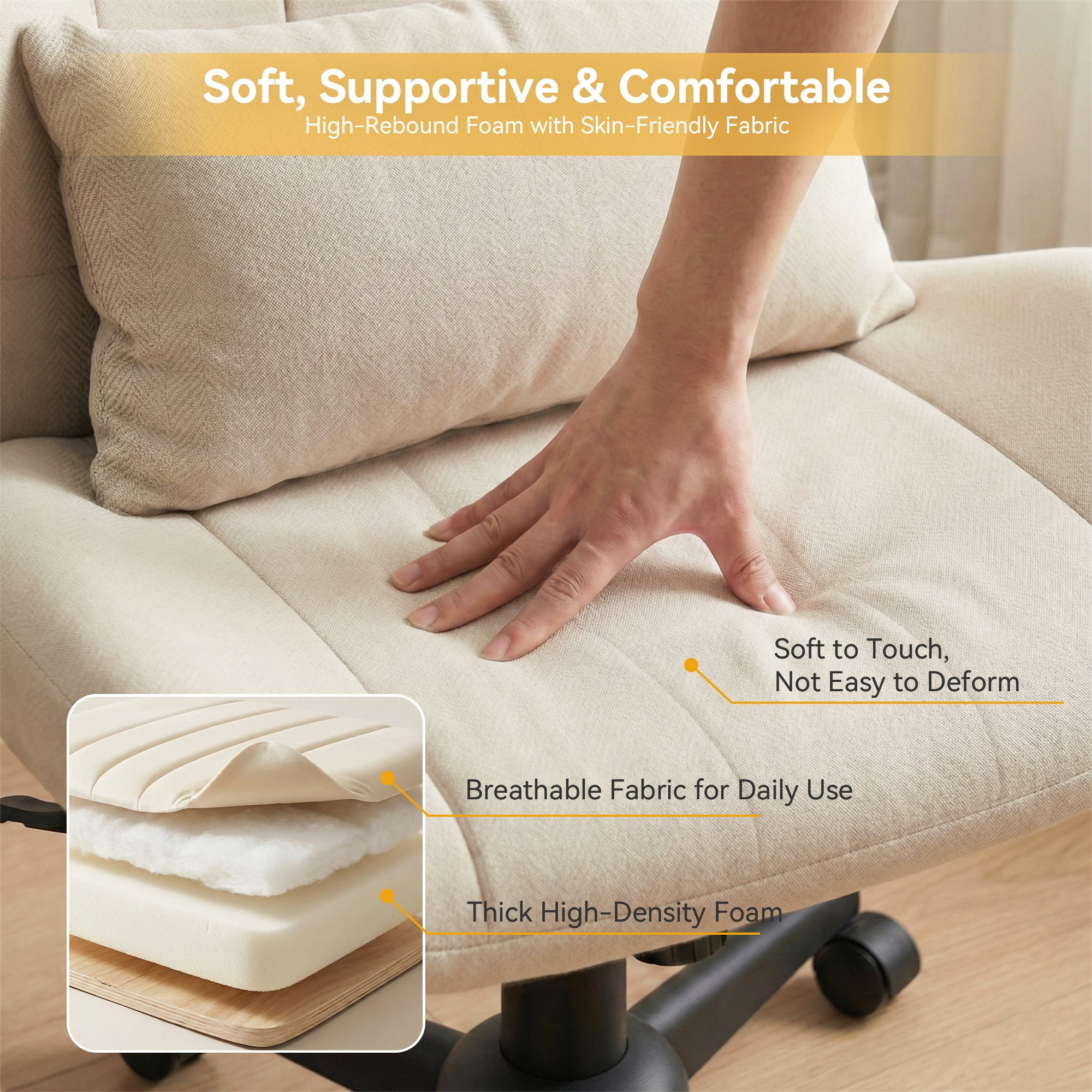 YIKEMA High Back Armless Rolling Office Chair, Wide Ergonomic Seat, Oatmeal