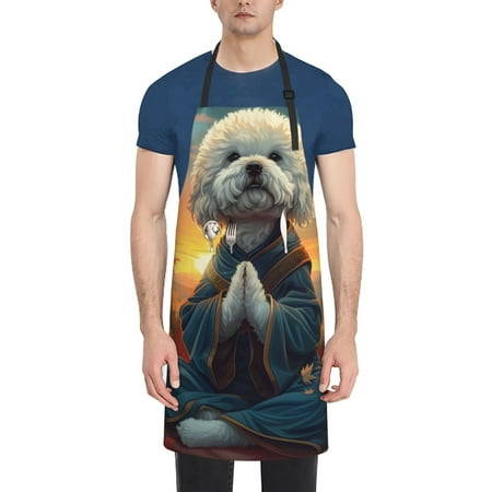 

Lukts Sunset Meditating Bichon Frise Pattern Kitchen Cooking Aprons Adjustable Bib Soft Chef Apron with 2 Pockets for Men Women