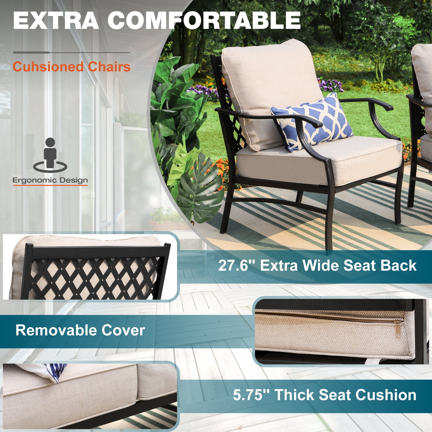 MF Studio 7-Piece Patio Conversation Set Outdoor Furniture Sofa Set for 9 Person with Beige Cushions
