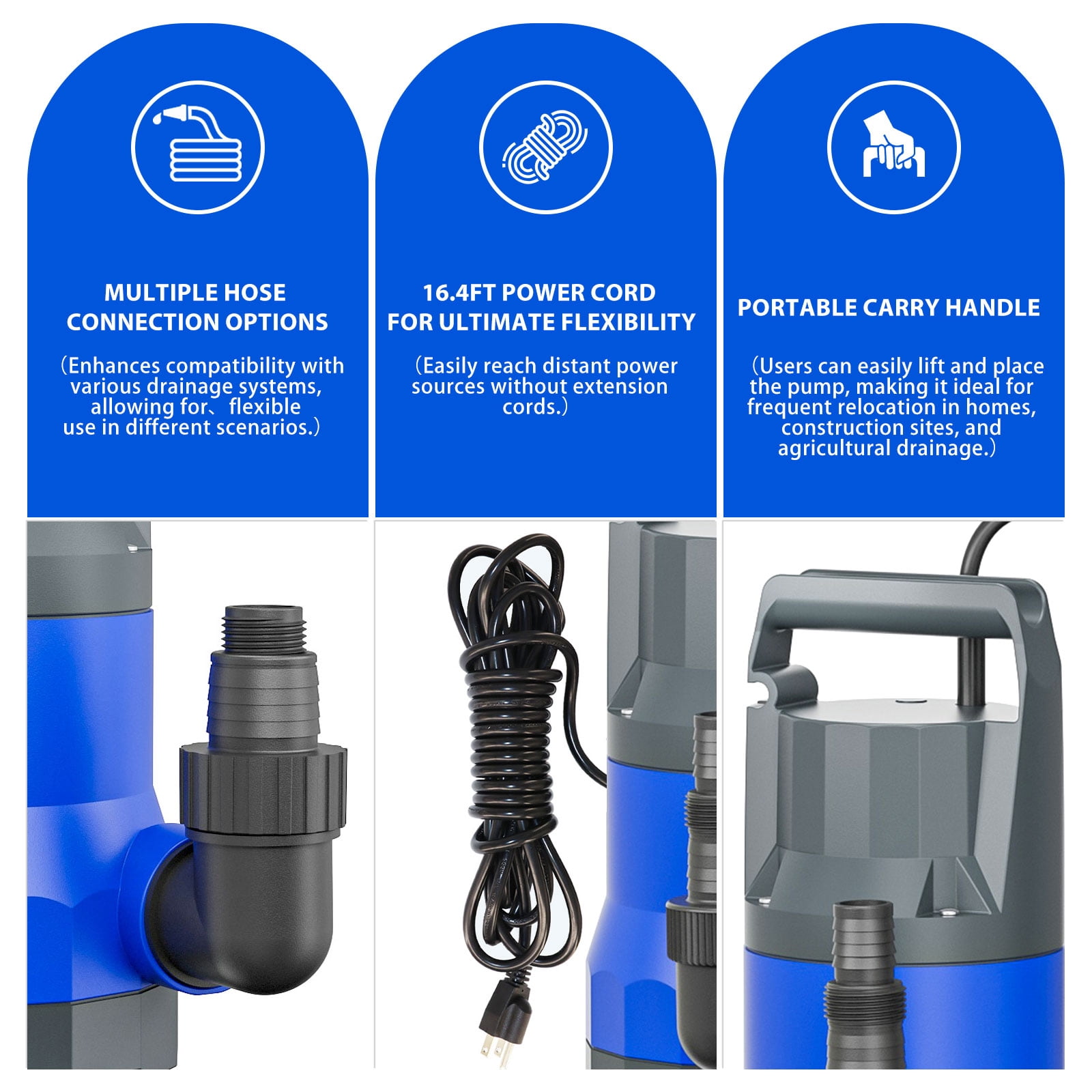 Water Pump 1/2HP Submersible Sump Pump 3000GPH Portable Electric Water Pump Utility Pump for Pool Draining Flood Basement Hot Tub Pond