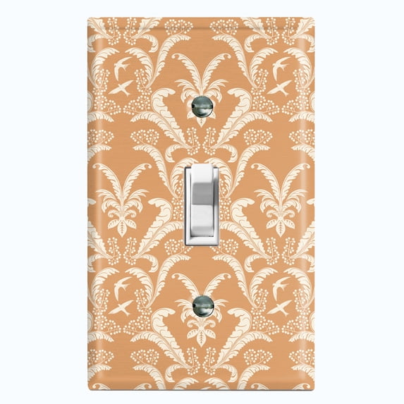 Metal Light Switch Plate Outlet Cover (Victorian Damask Flower Feather Tan Pattern - Single Toggle)
