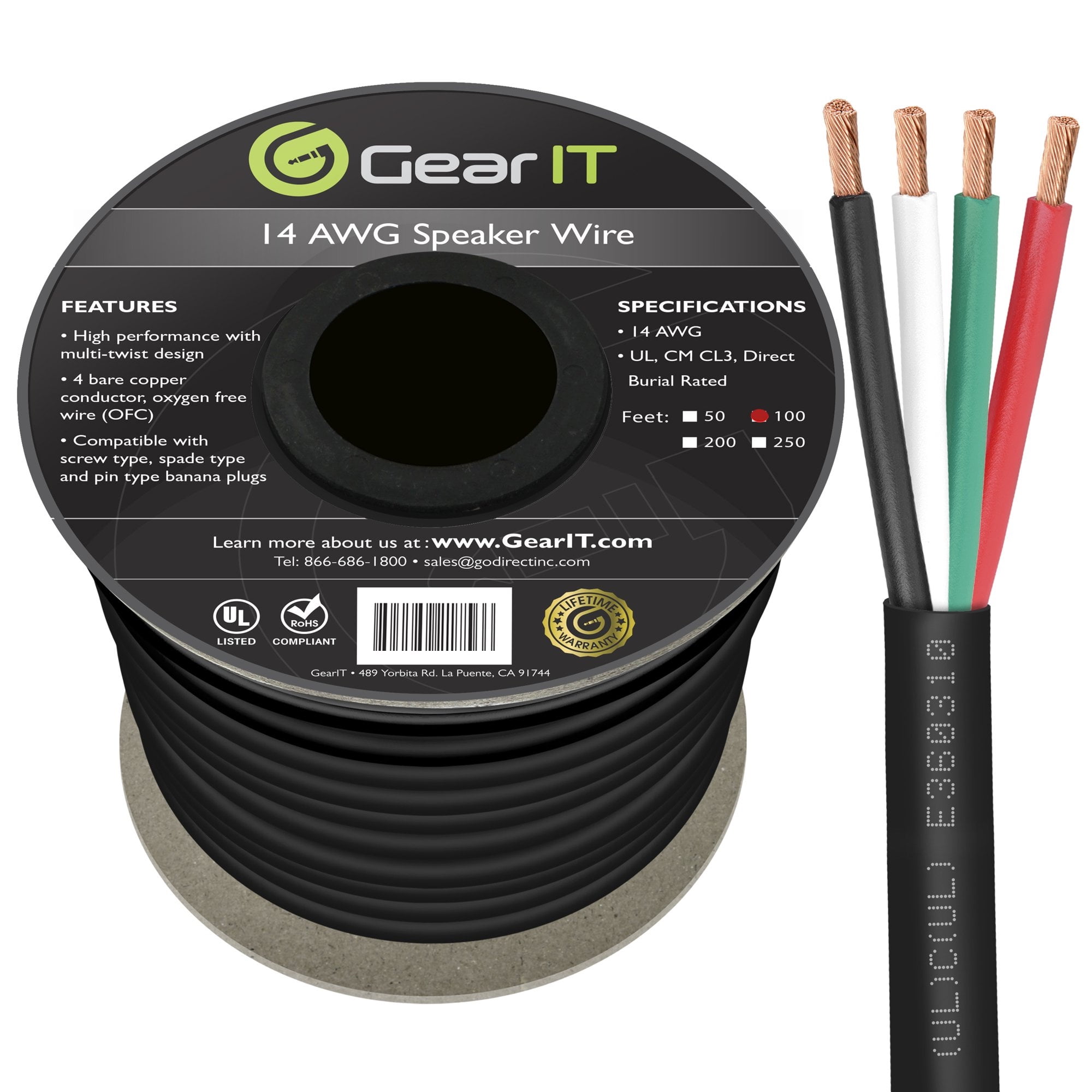 GearIT 14 AWG Oxygen Free Copper (OFC) Outdoor Speaker Wire 4Conductor